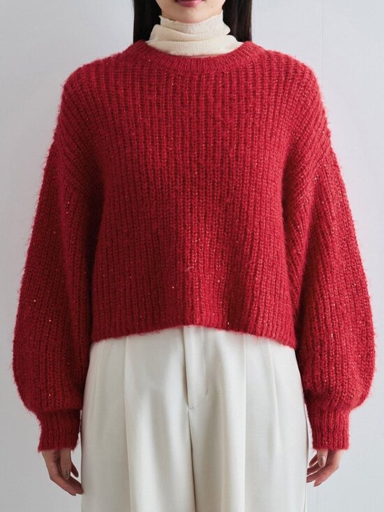 VIS Sweaters - Sparkly Red Knit Sweater Sequins Crew Neck Long‎ Sleeve Cozy Pullover Women F